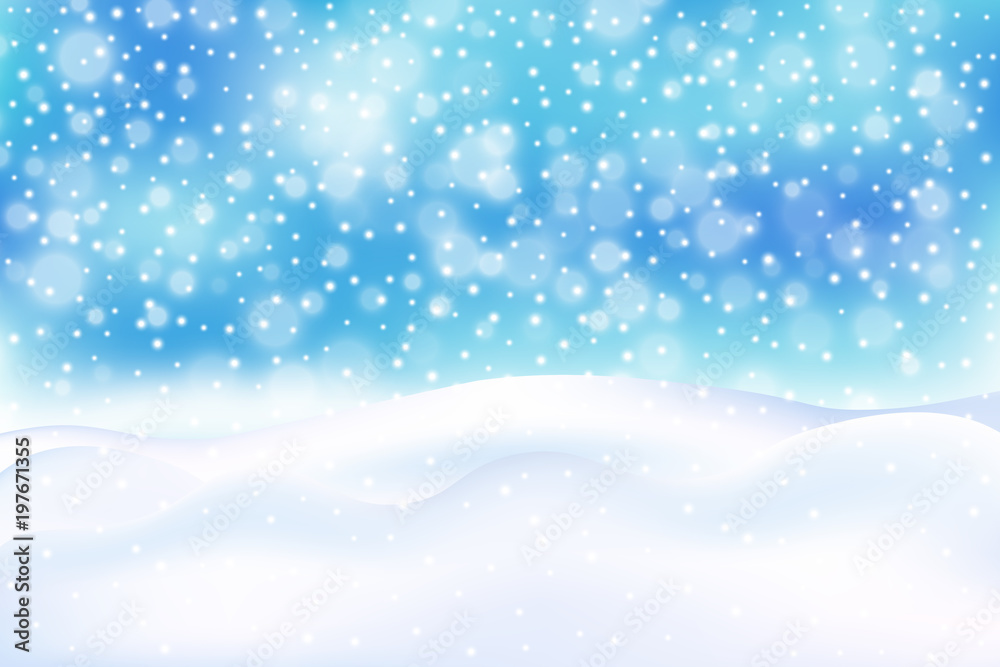 Fototapeta Winter illustration with falling snow, snowdrift, bokeh on blue background. New year, Christmas vector background.