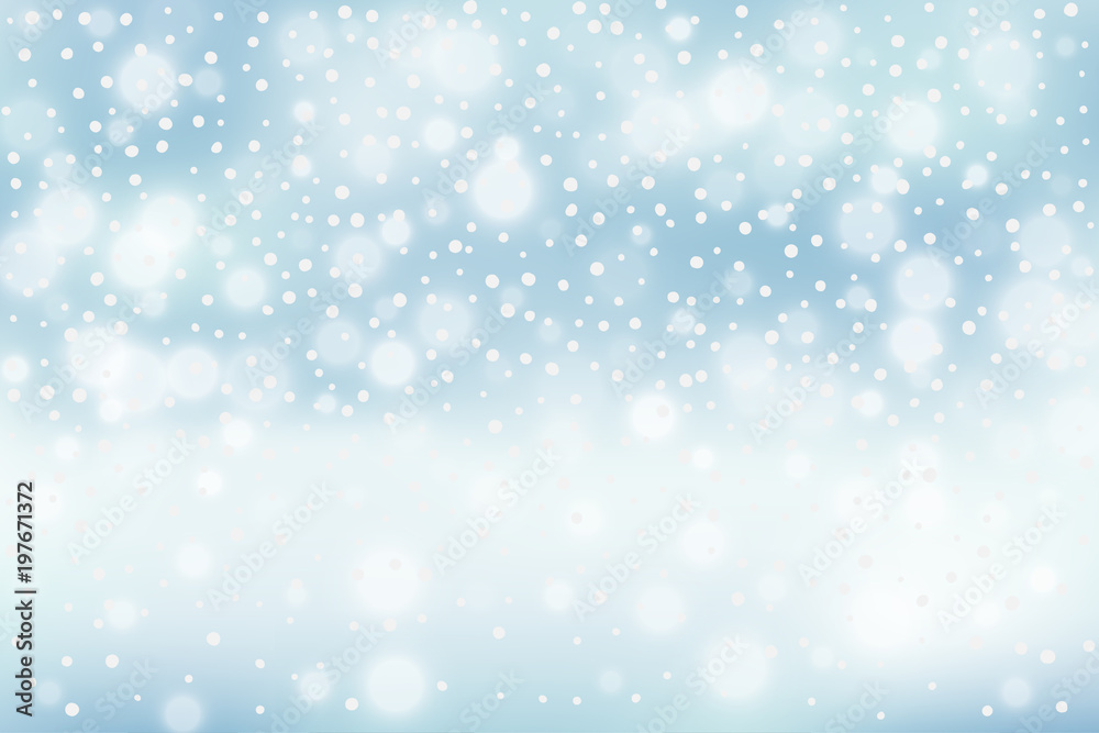 Winter illustration with falling snow, bokeh on blue defocused background. New year, Christmas vector background.