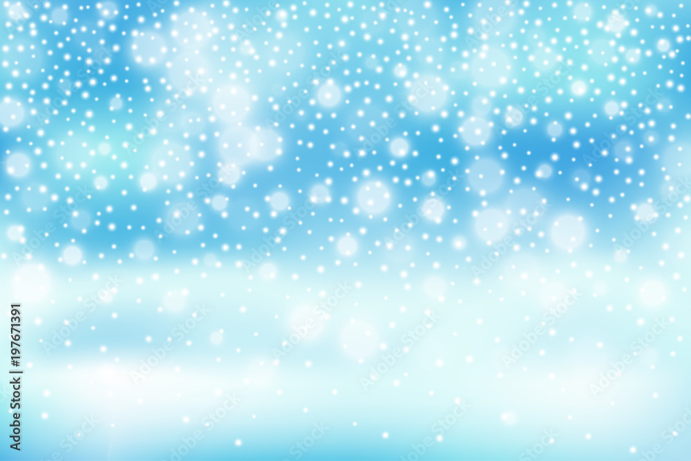 Winter illustration with falling snow, bokeh on blue defocused background. New year, Christmas vector background.