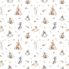 Acrylglasbilder Tierbaby-Muster Baby animals nursery isolated seamless pattern with bannies. Watercolor boho cute baby fox, deer animal woodland rabbit and bear isolated illustration for children. Bunny forest image  © kris_art