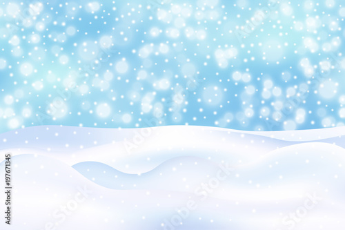 Winter illustration with falling snow, snowdrift, bokeh on blue background. New year, Christmas vector background. © ederella