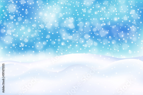 Winter illustration with falling snow, snowdrift, bokeh on blue background. New year, Christmas vector background. © ederella