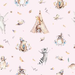 Acrylglasbilder Tierbaby-Muster Baby animals nursery isolated seamless pattern with bannies. Watercolor boho cute baby fox, deer animal woodland rabbit and bear isolated illustration for children. Bunny forest image  © kris_art