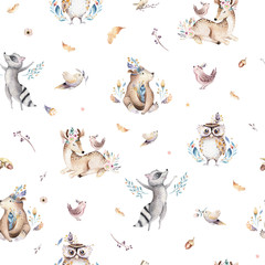 Acrylglasbilder Tierbaby-Muster Baby animals nursery isolated seamless pattern with bannies. Watercolor boho cute baby fox, deer animal woodland rabbit and bear isolated illustration for children. Bunny forest image  © kris_art