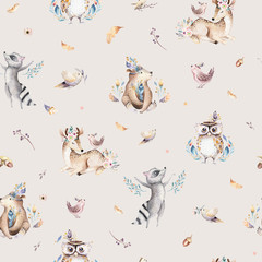Acrylglasbilder Tierbaby-Muster Baby animals nursery isolated seamless pattern with bannies. Watercolor boho cute baby fox, deer animal woodland rabbit and bear isolated illustration for children. Bunny forest image  © kris_art