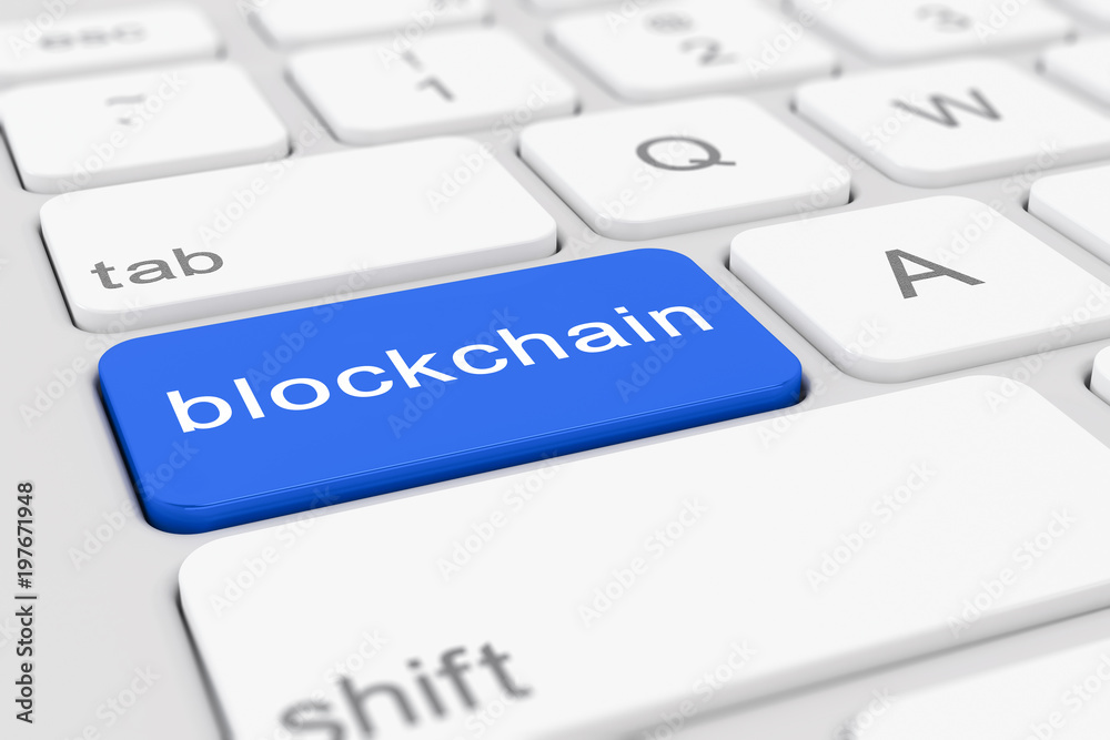 Computer-Tastatur mit einer blauen Taste und der Aufschrift blockchain. Computer-Tastatur mit einer blauen Taste und der Aufschrift blockchain.