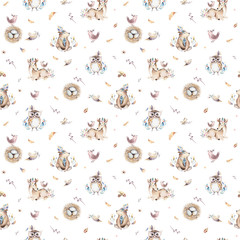 Acrylglasbilder Tierbaby-Muster Baby animals nursery isolated seamless pattern with bannies. Watercolor boho cute baby fox, deer animal woodland rabbit and bear isolated illustration for children. Bunny forest image  © kris_art