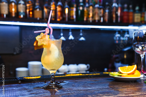 Fresh alcohol coctail on bar counter 