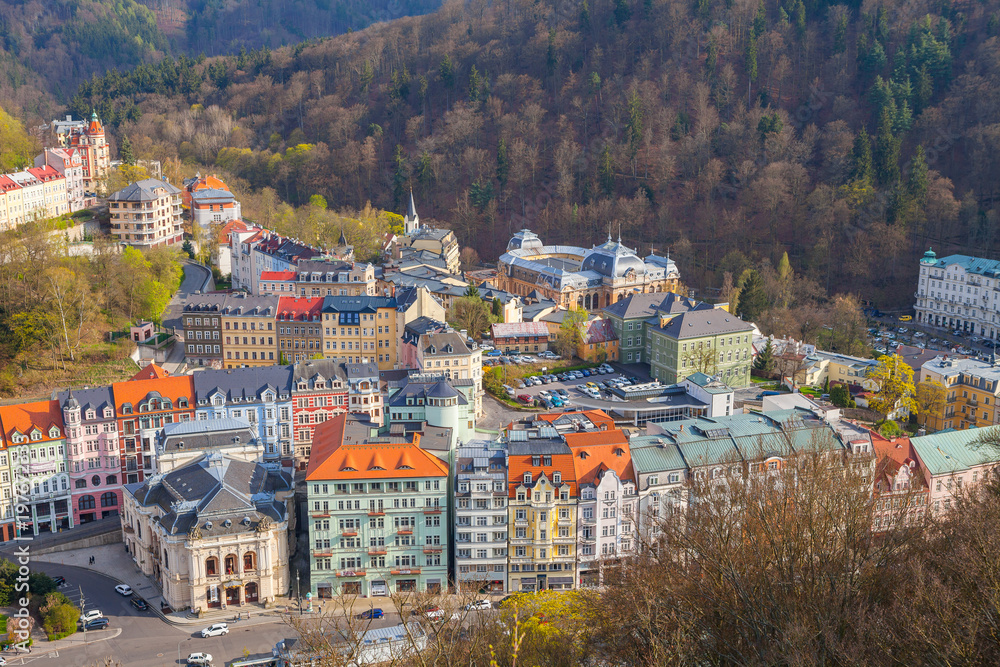 KARLOVY VARY, CZECH REPUBLIC - APRIL 29, 2017: Beautiful panoramic aerila view of spa town, former name Carlsbad