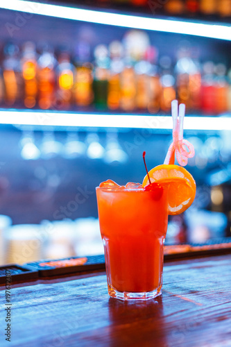 Fresh alcohol coctail on bar counter 
