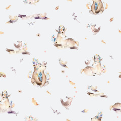 Acrylglasbilder Tierbaby-Muster Baby animals nursery isolated seamless pattern with bannies. Watercolor boho cute baby fox, deer animal woodland rabbit and bear isolated illustration for children. Bunny forest image  © kris_art