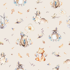 Acrylglasbilder Tierbaby-Muster Baby animals nursery isolated seamless pattern with bannies. Watercolor boho cute baby fox, deer animal woodland rabbit and bear isolated illustration for children. Bunny forest image  © kris_art