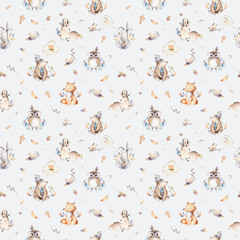 Acrylglasbilder Tierbaby-Muster Baby animals nursery isolated seamless pattern with bannies. Watercolor boho cute baby fox, deer animal woodland rabbit and bear isolated illustration for children. Bunny forest image  © kris_art