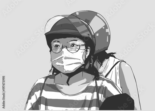 Isolated illustration of girls riding motorbike, motorcycle with face mask, helmet and glasses