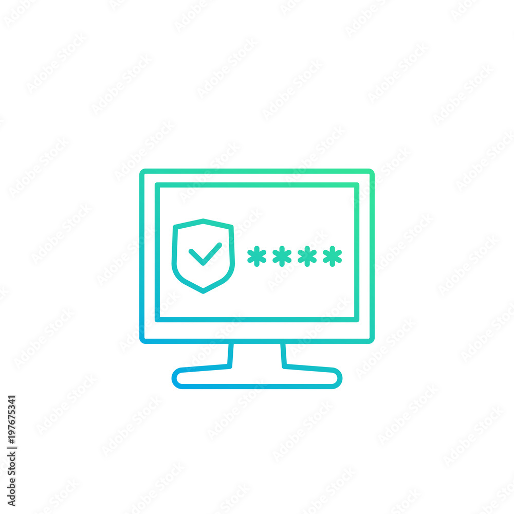 computer with password access, security concept linear icon on white computer with password access, security concept linear icon on white