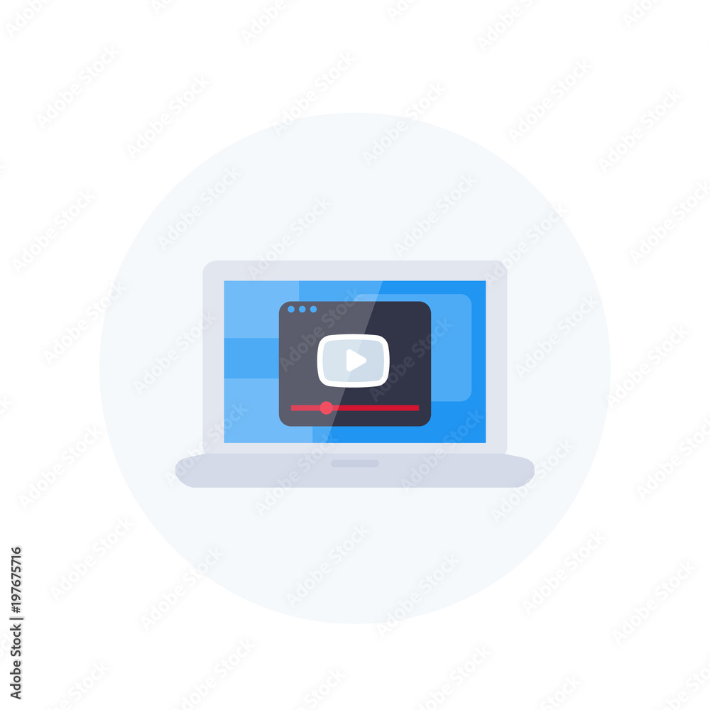 play video, player window on laptop screen vector icon play video, player window on laptop screen vector icon
