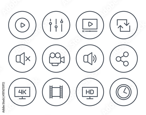 video player line icons set on white