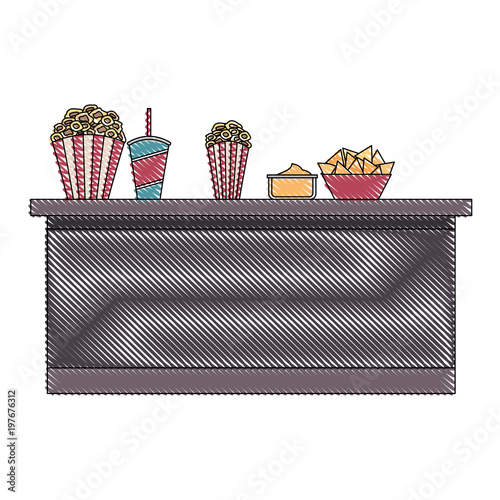 cinema bar counter buckets popcorn soda nachos food   vector illustration