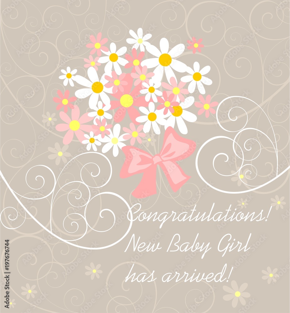 Baby girl arrival pastel greeting with pink and white daisy bouquet