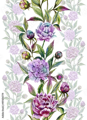 Fototapeta Naklejka Na Ścianę i Meble -  Beautiful peony flowers with buds and leaves in straight lines on white background. Seamless floral pattern. Watercolor painting. Hand drawn illustration.