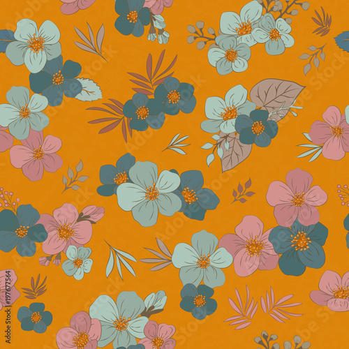 Colorful seamless pattern - flowers in vintage style, spring, cherry, apple tree in bloom - vector illustration. Eps 10. Editable patterns.