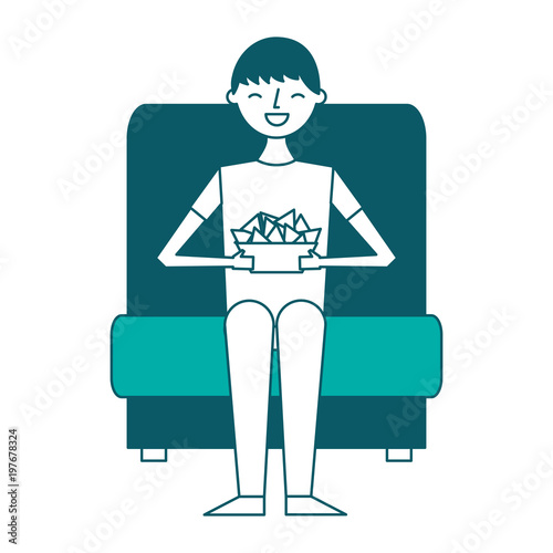 young man sitting in cinema seat with nacho vector illustration