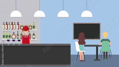 coffee shop barista and diners sitting in table looking board vector illustration