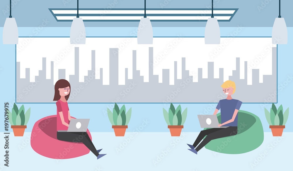 man and woman sitting working laptop on bean bag in workspace with potted plants vector illustration man and woman sitting working laptop on bean bag in workspace with potted plants vector illustration