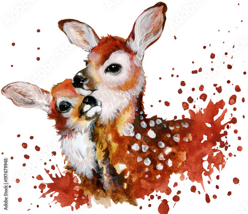 Cute baby deers. Watercolor illustration with splash isolated on white.