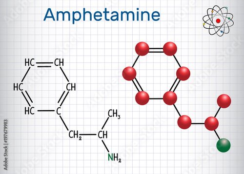 Amfetamine (amphetamine, C9H13N) molecule, is a potent central nervous system stimulant. Structural chemical formula and molecule model. Sheet of paper in a cage.