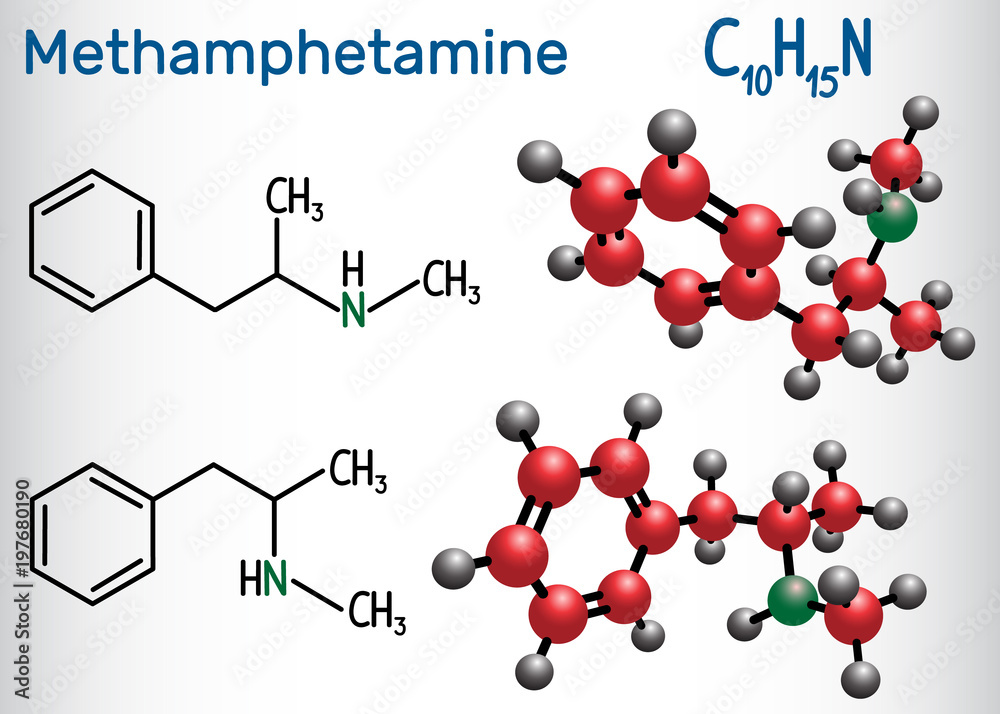 Methamphetamine (crystal meth, C10H15N) molecule, is a potent central
