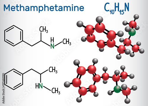 Methamphetamine (crystal meth, C10H15N) molecule, is a potent central nervous system stimulant. Structural chemical formula and molecule model