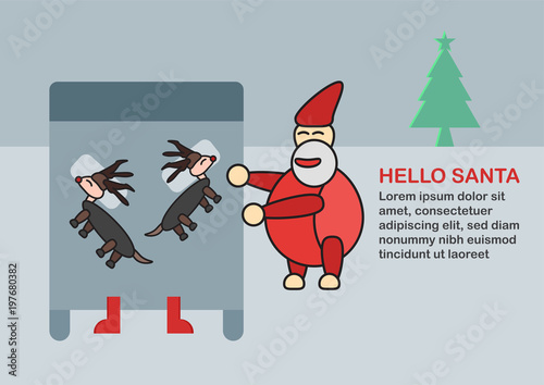Santa claus lulls reindeers for sleeping on the bed with copy space. Scene for Merry Christmas.