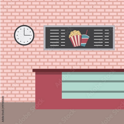cinema theater shop bar counter menu board and clock vector illustration