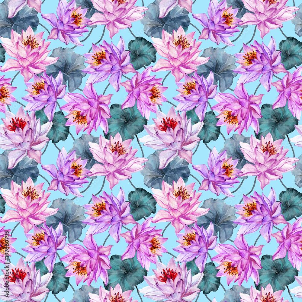 Bright exotic seamless pattern. Pink and lilac lotus flowers on light blue background. Hand drawn illustration. Watercolor painting.