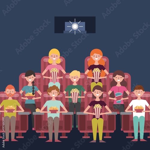 people group sit watching movie in cinema with popcorn soda nachos vector illustration
