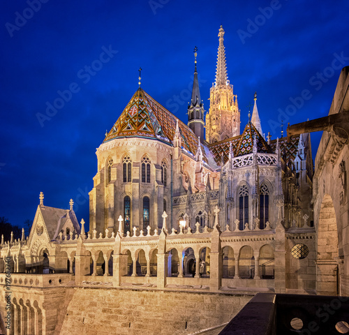 Mathias Church with the fishermen's bastion in Budapest in dusk