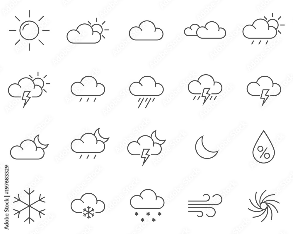 Set of Weather line vector icons. Meteorology symbols. Outline stile. Set of Weather line vector icons. Meteorology symbols. Outline stile.