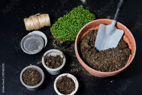 Land for flowers, a flowerpot and flowerpot during transplanting. Garden accessories used for housework.