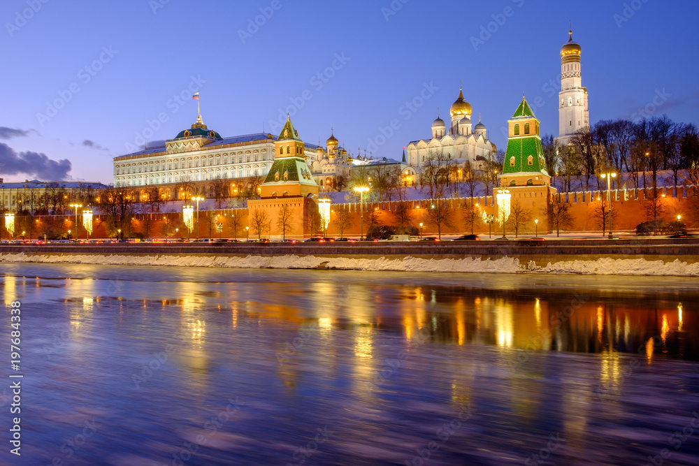 The Moscow Kremlin, the frozen river, winter The Moscow Kremlin, the frozen river, winter