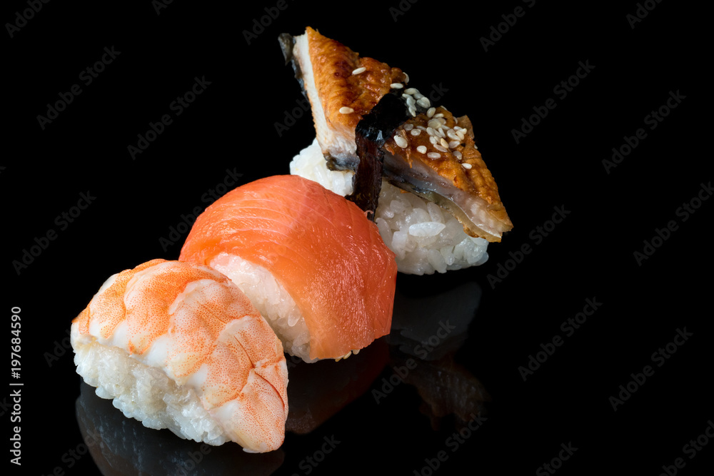Set of sushi rolls of fresh fish salmon trout shrimp eel Set of sushi rolls of fresh fish salmon trout shrimp eel