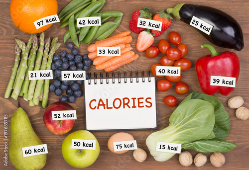 Fruits and vegetables with calories labels photo