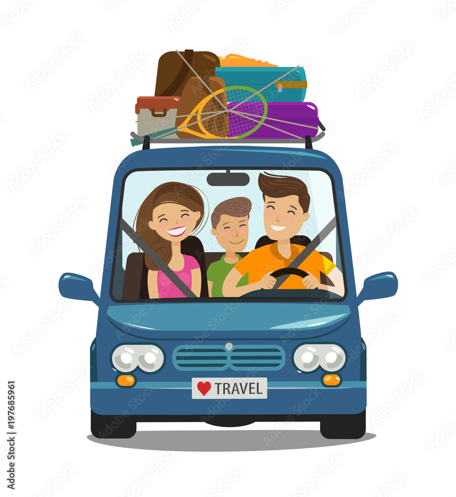 Travel, journey concept. Happy family rides in minivan. Cartoon vector illustration Travel, journey concept. Happy family rides in minivan. Cartoon vector illustration