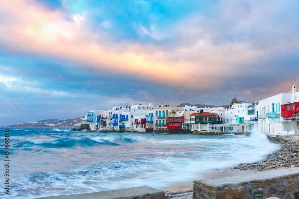 Famous view of Mikri Venetia or Little Venice during sunrise on the island Mykonos, The island of the winds, Greece