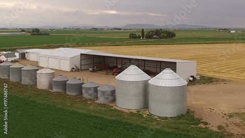 Drone flyover of silos on wheat farm
