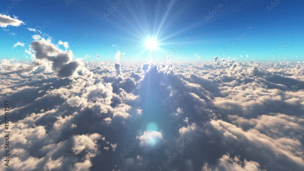 fly over clouds above sun ray