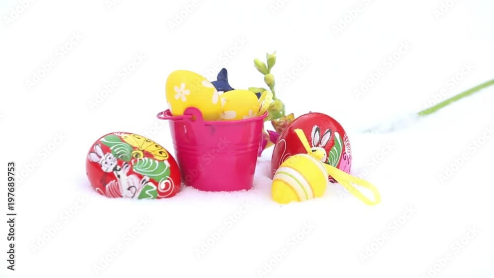 Easter eggs in winter snow
