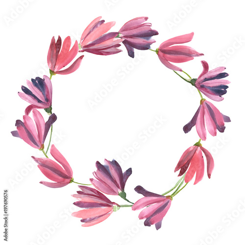 Wreath of watercolor romantic pink flower isolated on white background