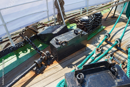 Chains and fastening as part of rigging on a sailing ship. photo