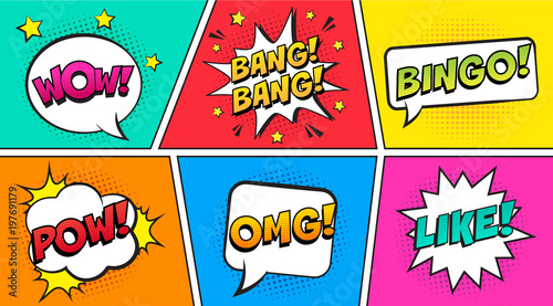 Retro comic speech bubbles set on colorful background. Expression text OUCH, BINGO, POW, OMG, LIKE, WOW. Vector illustration, vintage design, pop art style.